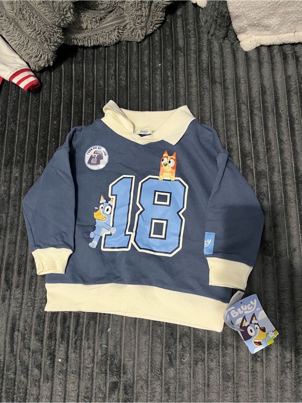 Bluey unisex Navy Blue '18' Long Sleeve Pullover with Cream Trim